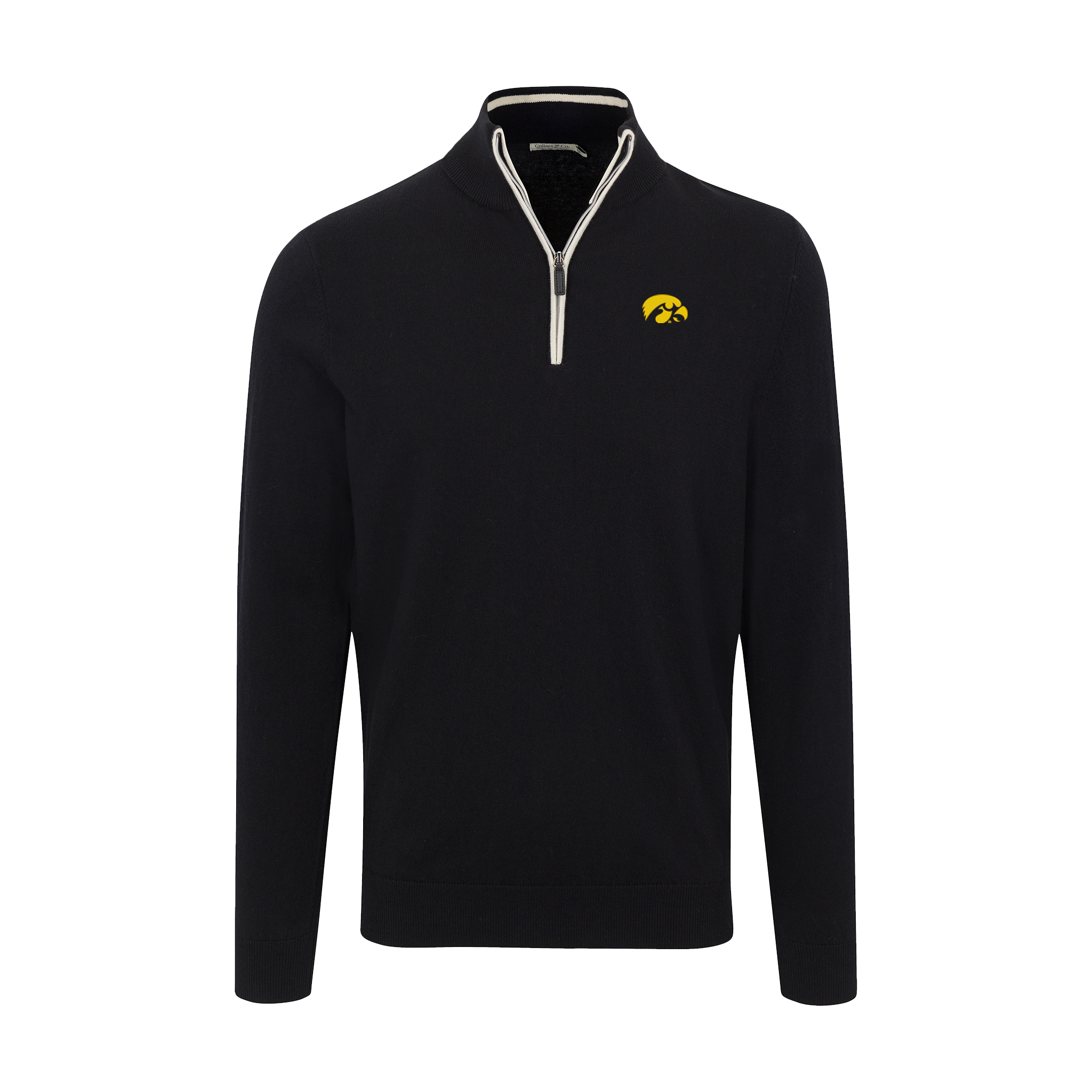 Iowa Black with White Trim Luxury Touch Cotton and Cashmere Quarter Zip Sweater
